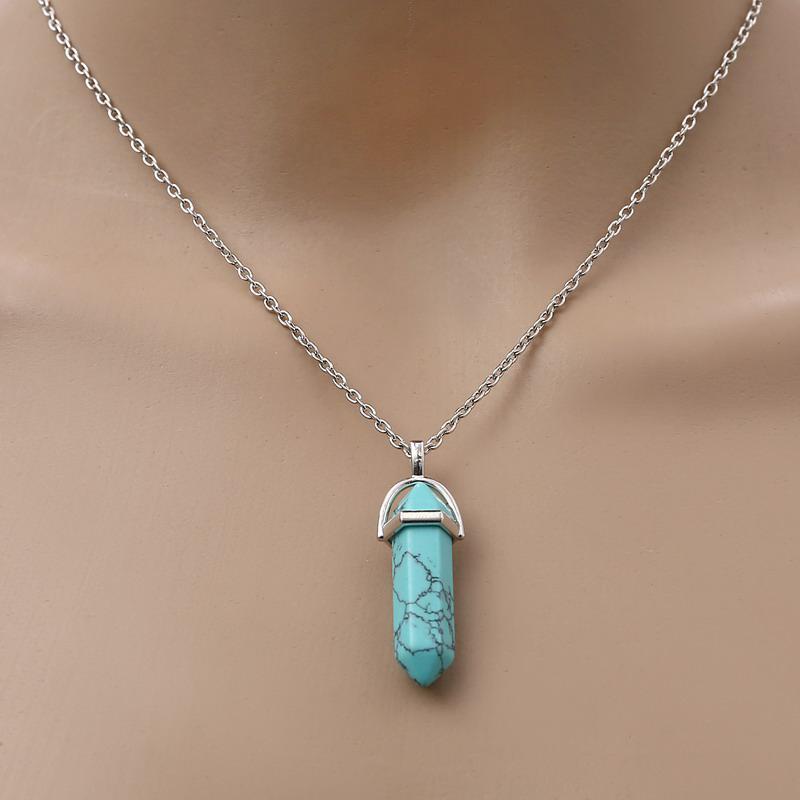 Fashion Quartz Crystal Necklace Chakra Rose Bule Purple Natural Stone Pendant Necklace Hexagonal Bullet Reiki Hippie Necklace