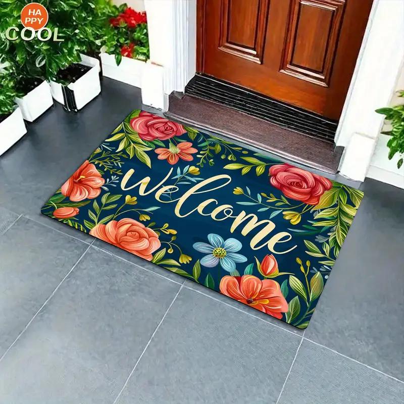 Welcome Floral Pattern Door Mat, Non-Slip Washable Floor Mat, Decorative Carpet For Home Kitchen Living Room Outdoor Entrance