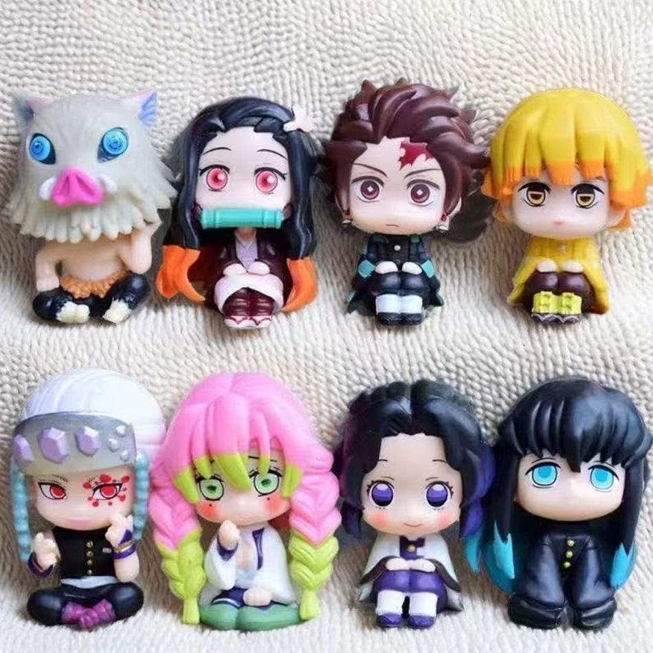 In Stock 8Pcs/Set Demon Slayer Q Version Figures Sitting Pose Anime Pvc Action Figurine Collectible Model Toy Gift For Fans