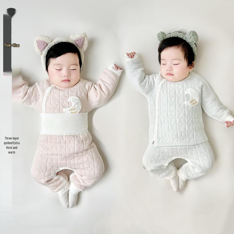 Jingqi Kids Quilted Cotton Warm Two-Piece Set for Boys and Girls - Autumn/Winter Underwear and Pants
