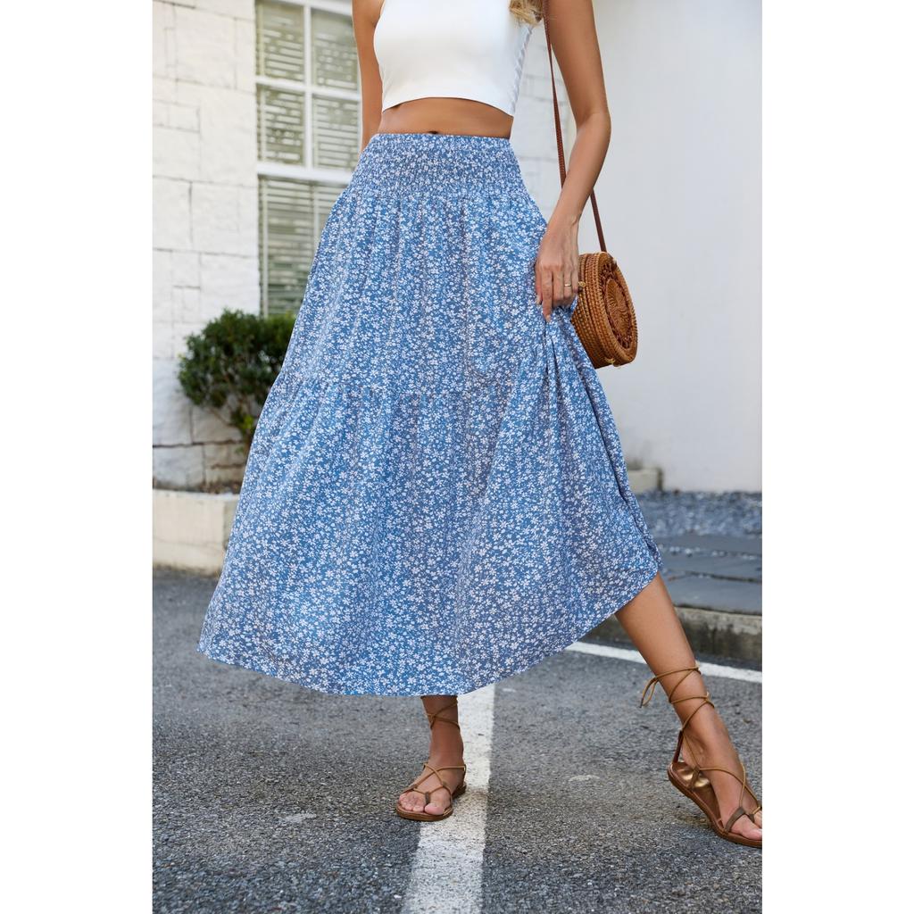 European and American Fresh Floral Long Skirt Slim Fit and Slimming Pleated High Waisted Skirt