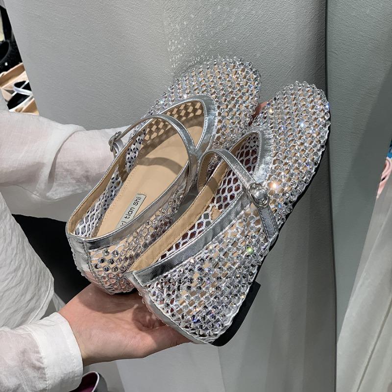 Fashion Luxury Crystal Rhinestone Fishnet Ballet Flats Woman Brand Design Rivet Studs Mesh Mary Jane Shoes Ladies Summer Hollow Loafers