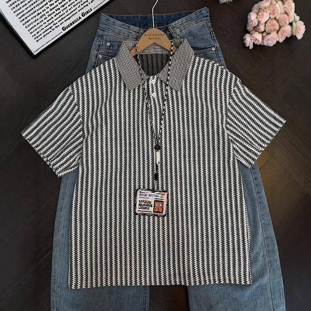 Men American Retro Fishbone Pattern Short Sleeve Polo Shirt Fake Two Piece Lapel Summer Half Sleeve Top M белый