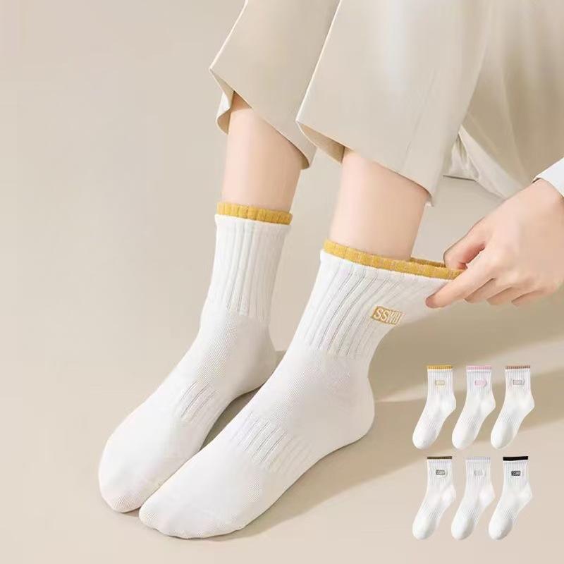 5 Pares Calcetines de Algodón para Mujer Tubo Medio Sin Costuras Transpirables Color Sólido Calcetín Casual