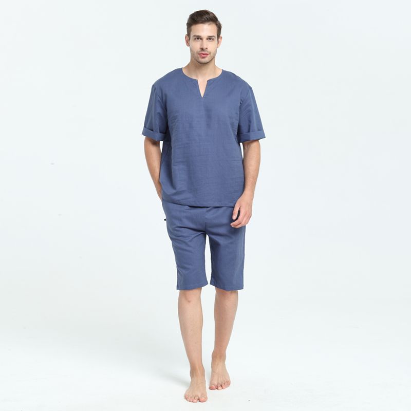 

Natural Linen Cotton Pajamas Men s Pajama Pants Two-piece Set Summer Thin Short Sleeve Shorts Cotton Linen Home Wear Suit Men Blue XL