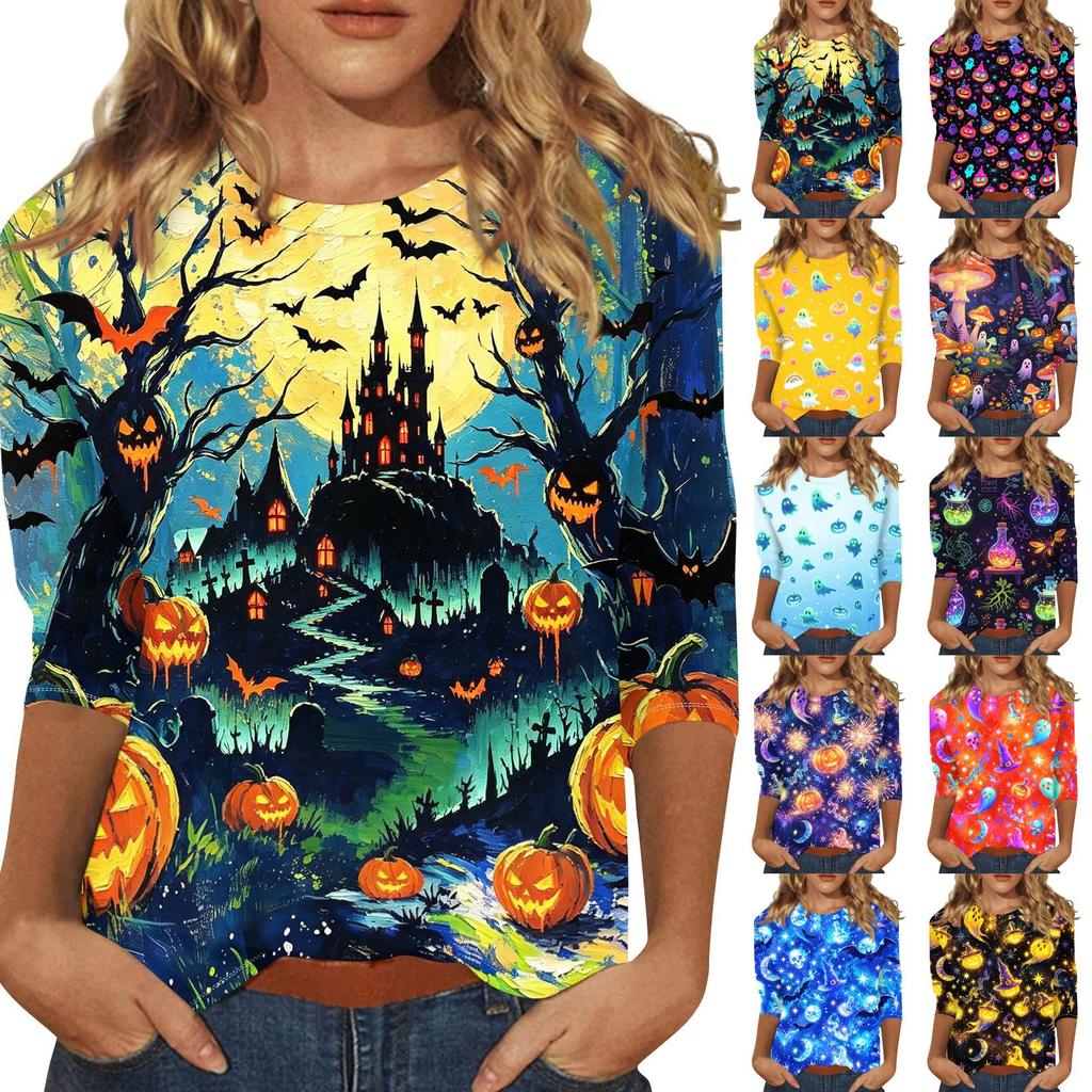 Women’s Casual Three Quarter Sleeve Crew Neck Top with Halloween and Pumpkin Print Loose Fit Comfortable Design