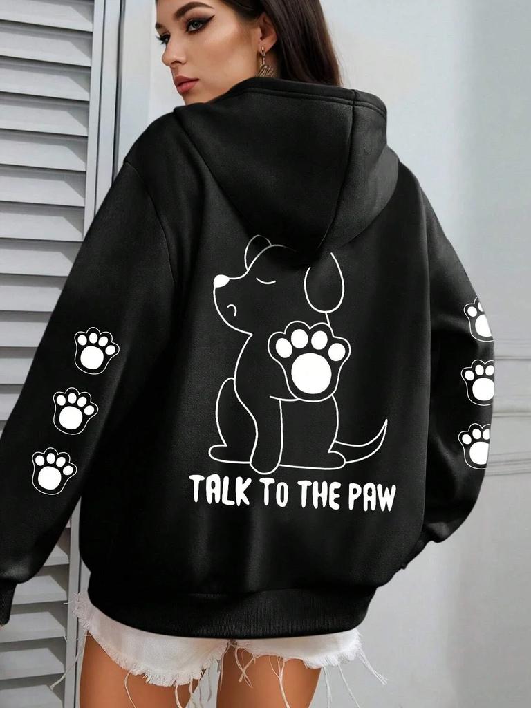 Talk To The Paw Funny Dog Cartoon Print Hoodie Women Warm Fleece Hoody Fashion Casual Hooded Autumn Loose Round Neck Woman Tops