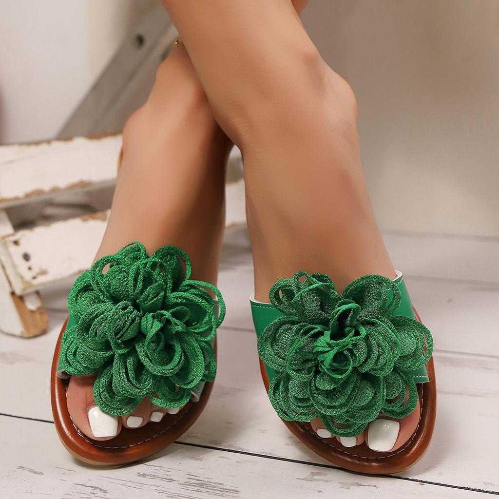 Women's Round Toe Flower Flat Sandals, Soft Slides Open-Toe Summer Slippers