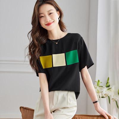 Srcr Damen 100% Maulbeerseide Color-Block Kurzarm-T-Shirt