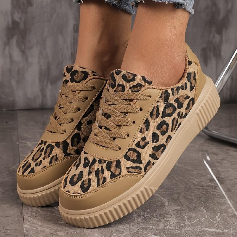 [Leopard Print Sneakers] Women's Beige&Black Low-Top Platform Sneakers Lace-Up Cushioned Breathable All-Season Casual Sports
