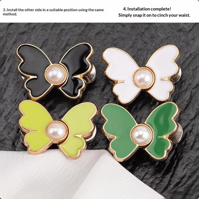 2Pcs Pearl Butterfly Adjustable Pant Waist Tightener Jeans Alloy Button No Sewing Required Easy To Install Accessory Pins