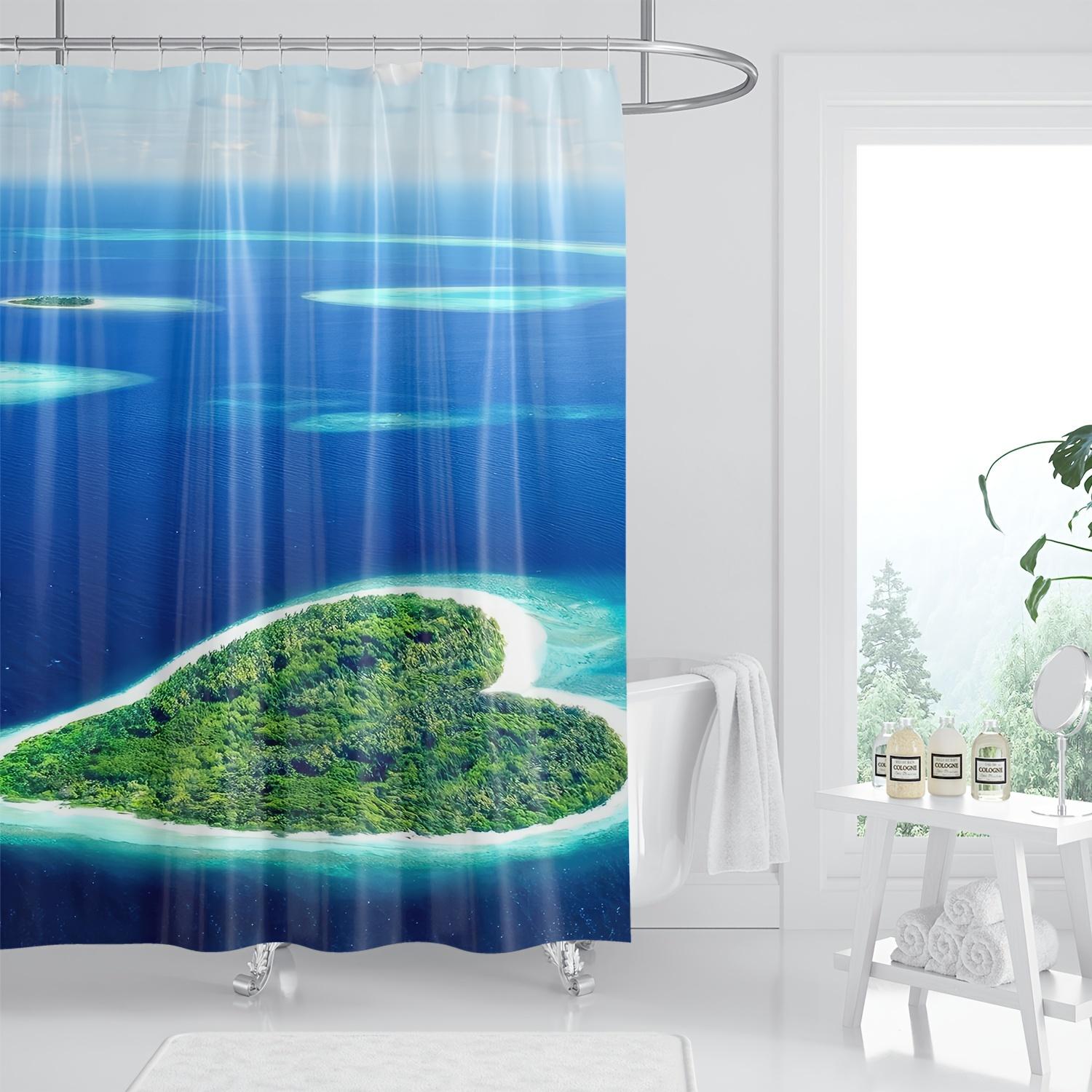 

Heart-Shaped Island Seascape Shower Curtain - Polyester, Artistic Digital Print, Modern Bathroom Decor, Underwater Scene W90xH180cm