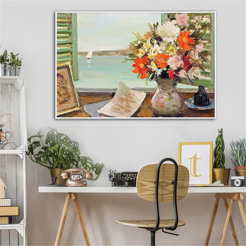 Abstract Art Landscape Window Flowers Poster Vintage Wall Art Retro Decor Canvas Oil Painting Living Room Decoration Home Boat