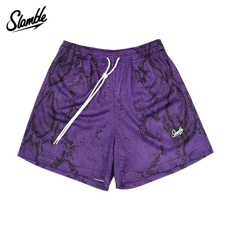 Short de Sport Slamble pour Homme, Maille Quatre-Quarts Imprimé Serpent, Entraînement de Basketball, Fitness, Respirant, Style Américain, Lâche et Tendance