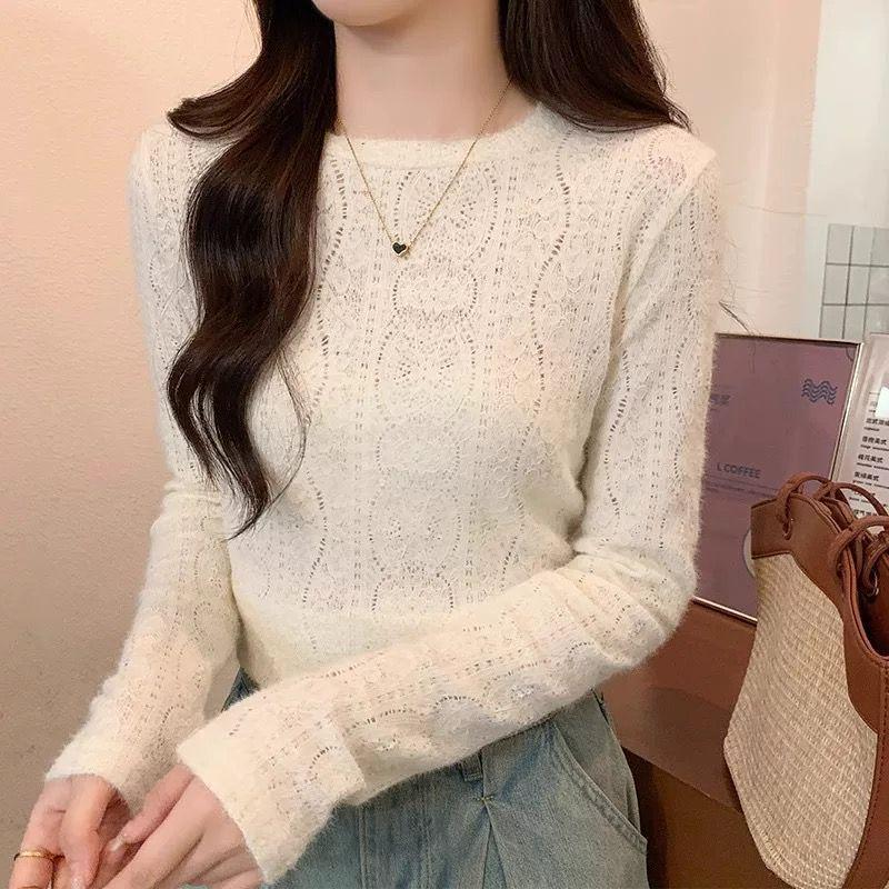 

Women s Slim-Fit French Apricot Lace Long-Sleeve Top, Early Autumn Hollowed Design XL