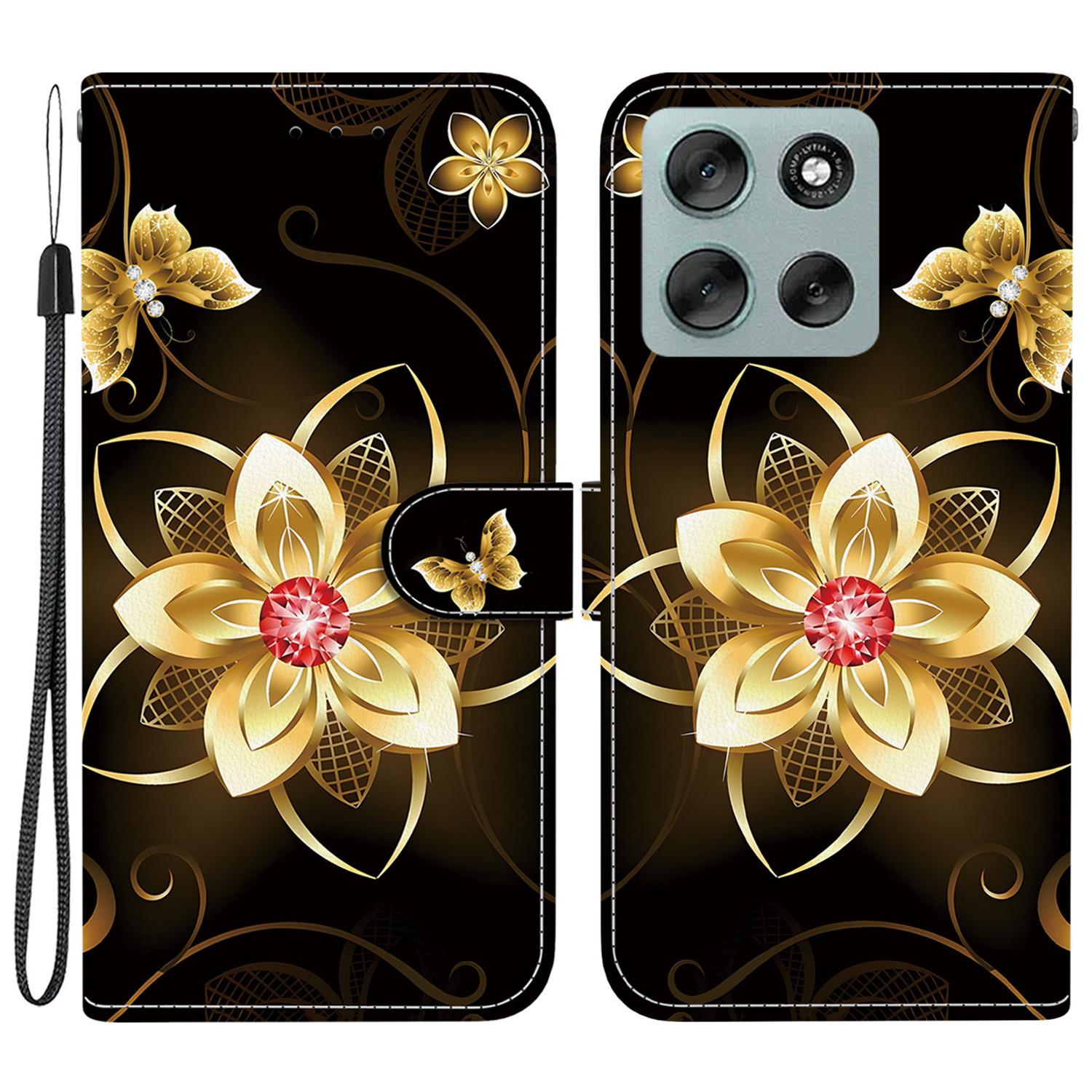 

Чехол для Motorola Moto G56 5G с принтом, противоударный кожаный откидной чехол-кошелек для телефона со шнурком Golden Flower