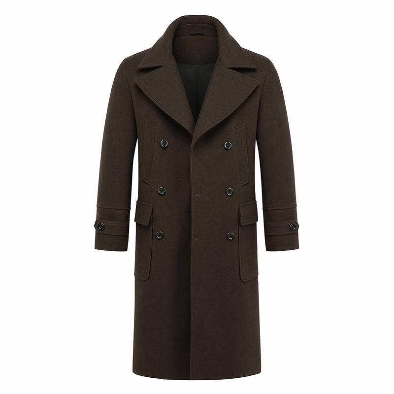 Herren Premium Wollmischung Zweireihiger Langer Peacoat