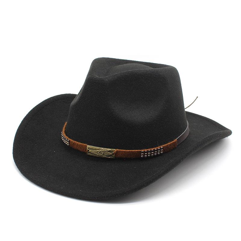 Warm Casual Versatile Coffee Belt Men'S And Women'S Woolen Western Cowboy Hat Big Edge Shading Hat
