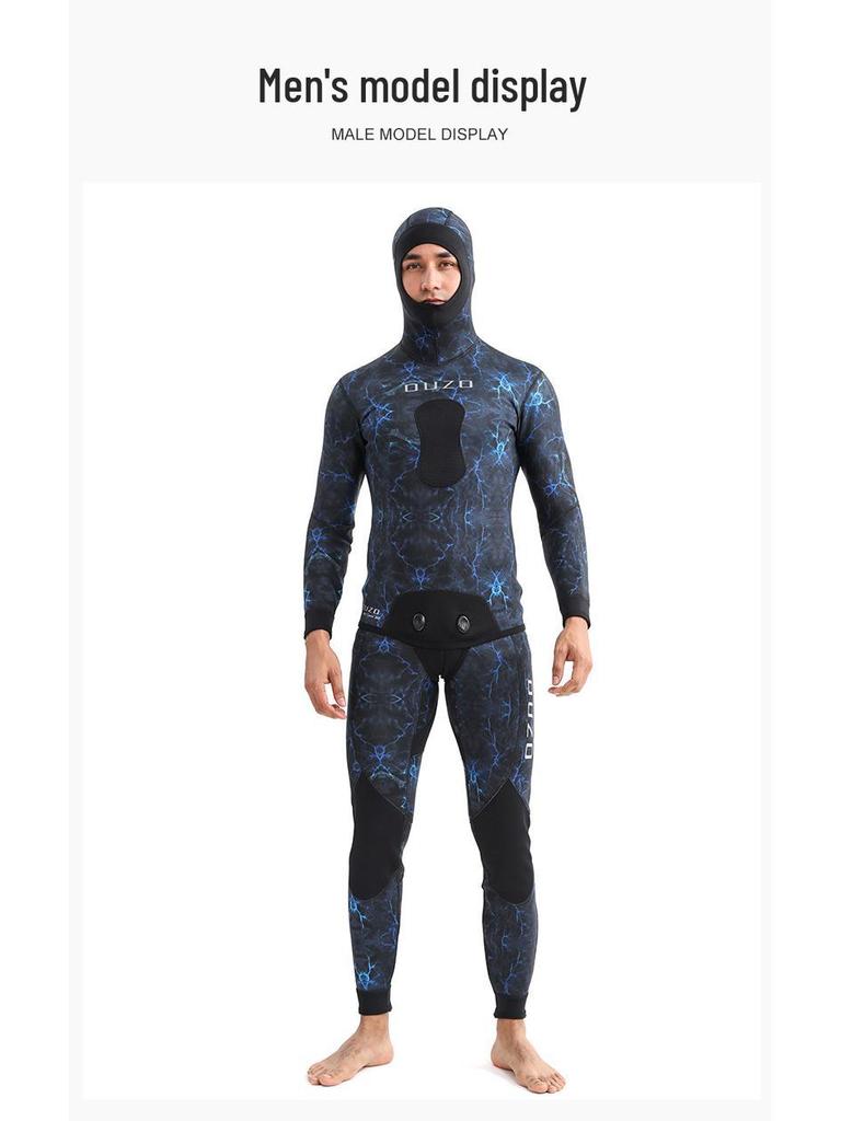 In-Stock Men's 1.5mm Two-Piece Hooded Spearfishing Wetsuit for Cold-Proof Freediving, Swimming, Surfing, and Diving