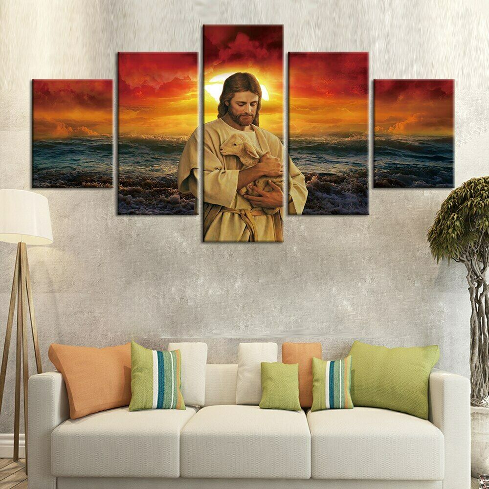 5 bucăți Apus de soare Isus Miel Poze cu animale Artă de perete Decor acasă fără înrămare 5 panouri Decor cameră 5 bucăți Picturi HD Print Poster
