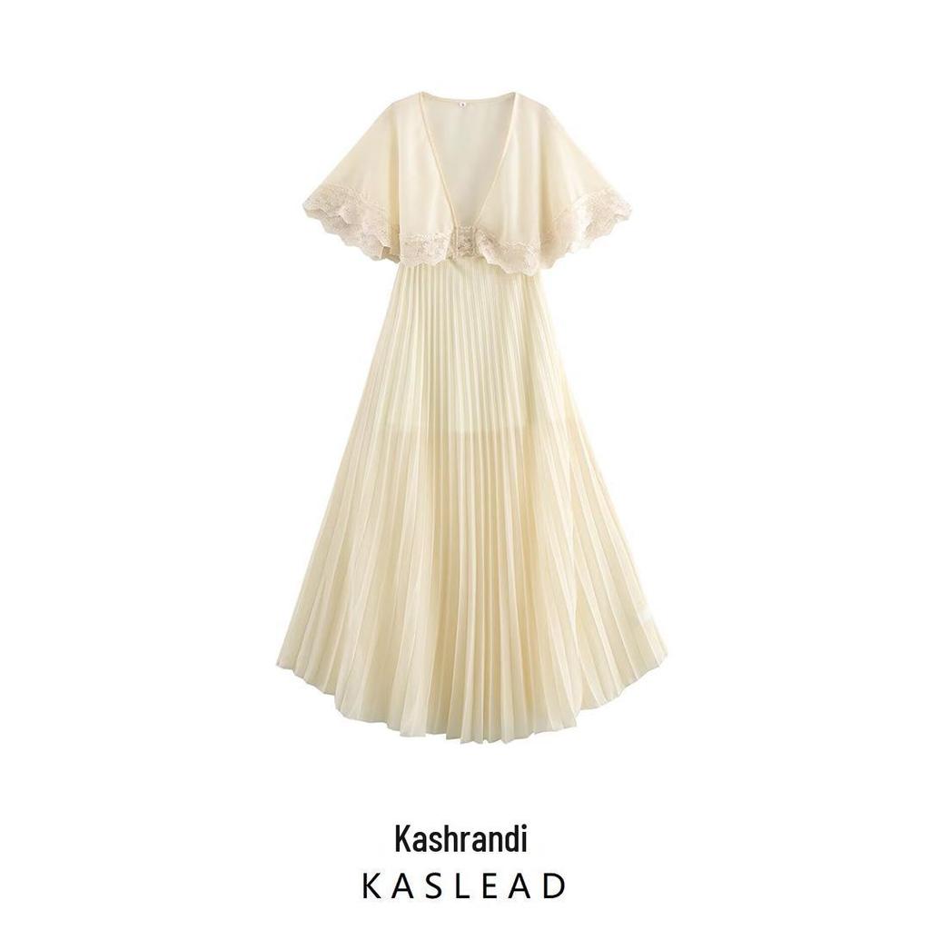 Spring 2025 Women's European-American Fashion V-Neck Lace Patchwork Pleated Long Dress