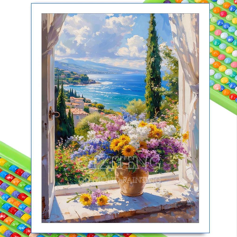 Window View Flower Diamond Painting 5D Full Drill Lily Rose Peony Bouquet DIY Rhinestone Embroidery Mosaic Art Home Decor Gift