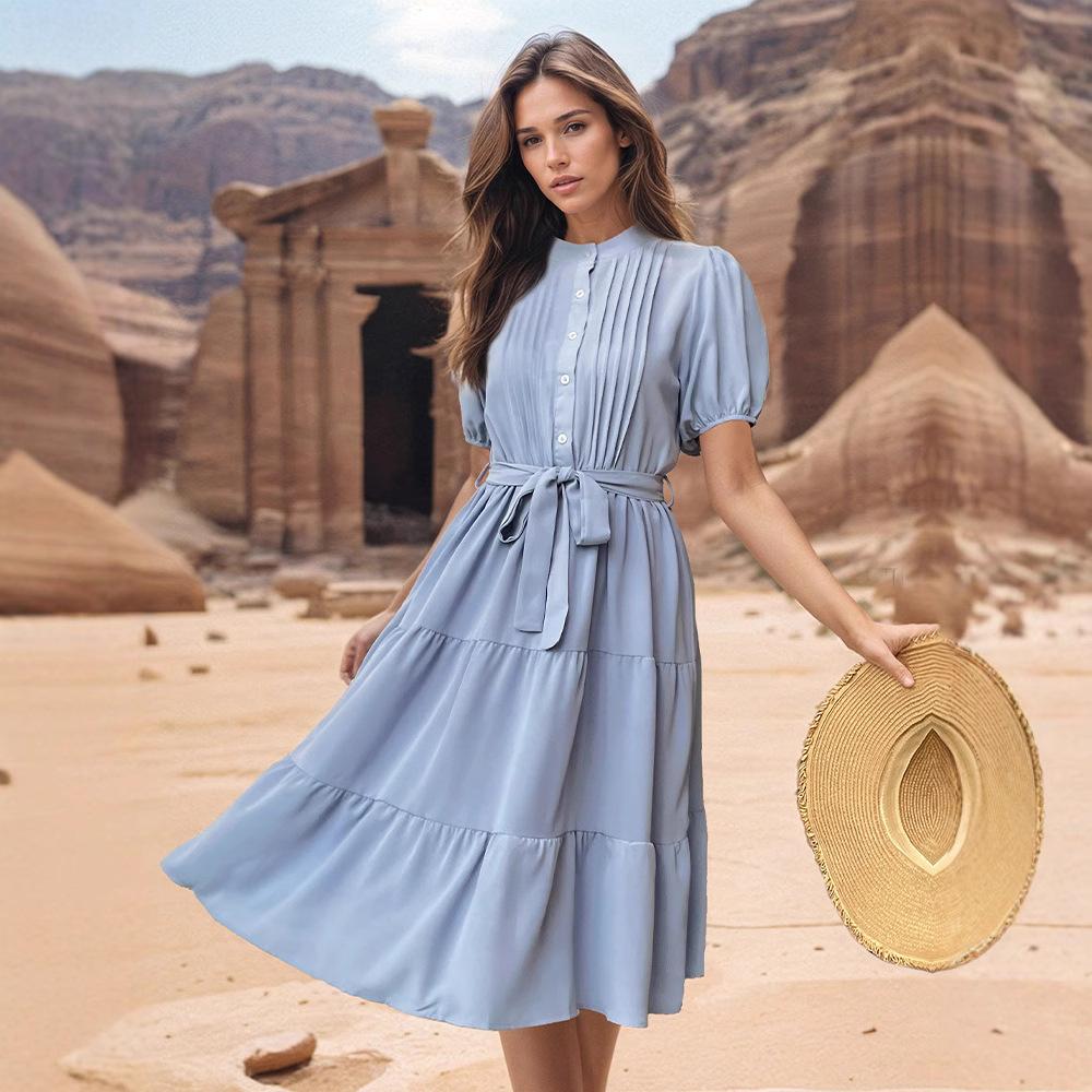 Cross-border Foreign Trade Summer New European and American Stand-up Collar Pleated Medium and Long Skirt Short Sleeve Lace-up Dress Women