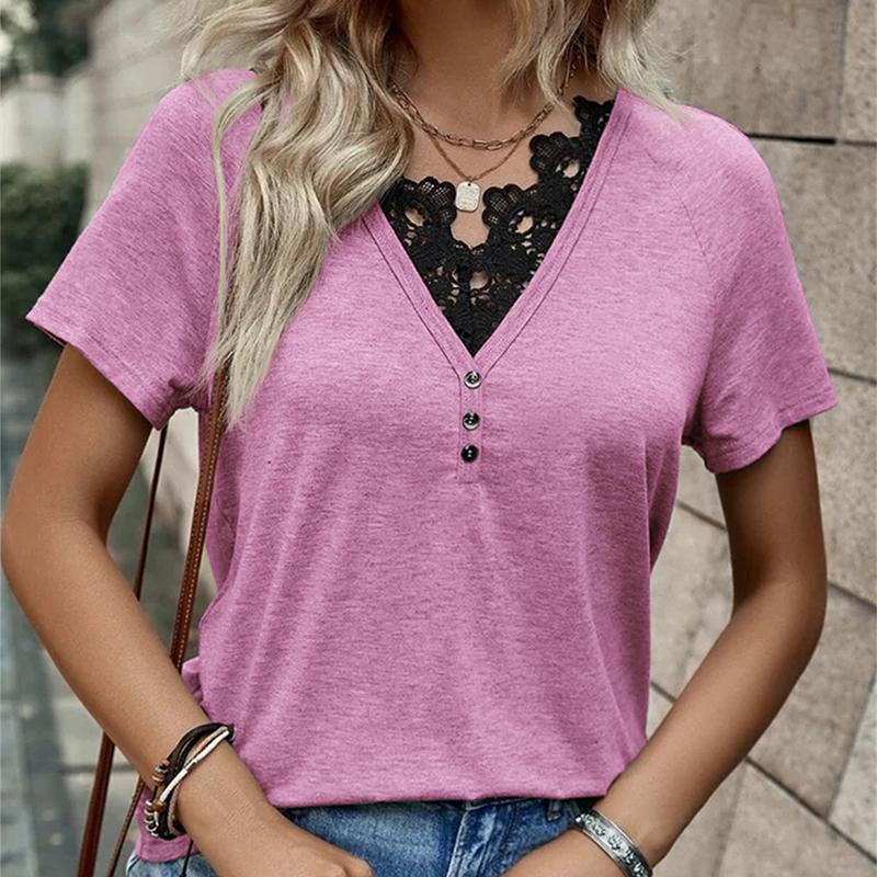 

Женская летняя повседневная футболка с коротким рукавом и пуговицами, кружевной V-образный вырез, однотонный пуловер, футболка, блузка, топ XXXL ярко-розовый