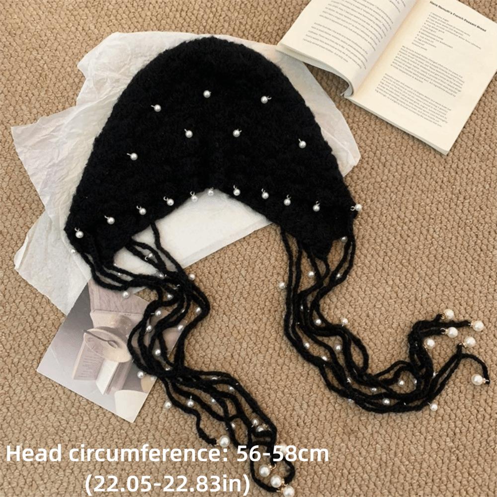 Pearl Tassel Fringed Beanie Cap Stretchable Pendant Headband Hat Knitted Pullover Hat  for Women