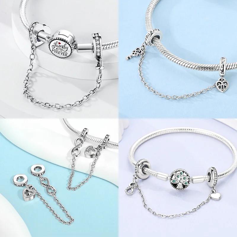 Copper Heart Beads Colorful Zircon Safety Chains Original Charm Fit Original Bracelets DIY Style Jewelry Gifts Accessory Women's