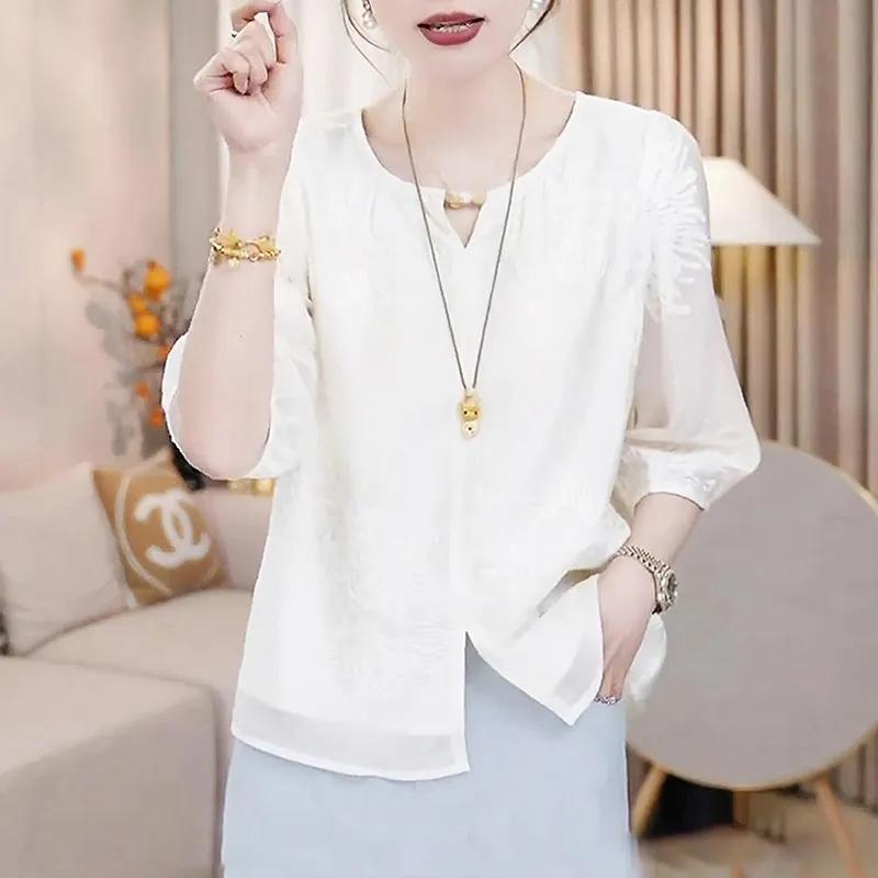 Женская блузка с короткими рукавами-фонариками и вырезом-каплей L белый