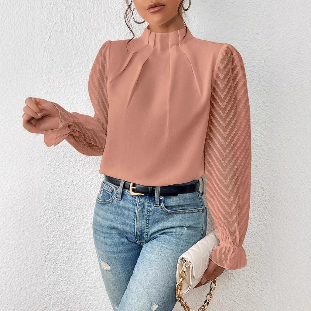 Frühling Damen Langarmhemd Halbturtleneck Chiffon Rüsche Herbst Durchsichtig Elegant Büro Pendeln Oberteil Damen Bluse