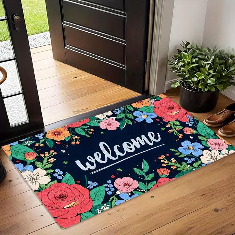 Floral Welcome Doormat, Vibrant Rose Flower Garden Non-Slip Entry Rug, Spring Porch Home Decor Mat Floor Mats Door Mat Entrance