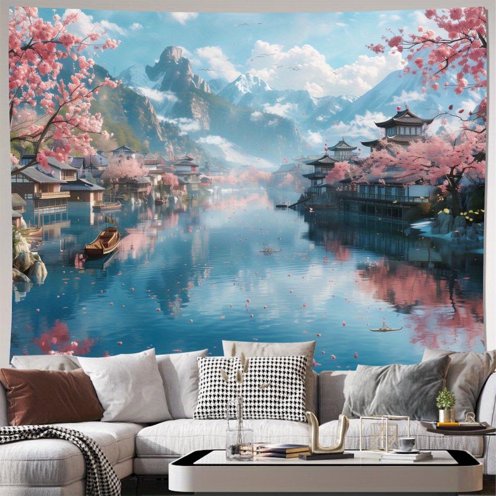 Cherry Blossom Lake Scene Tapestry 2D Digital Print Polyester Wall Hanging Living Room Bedroom Office Decor with Hooks