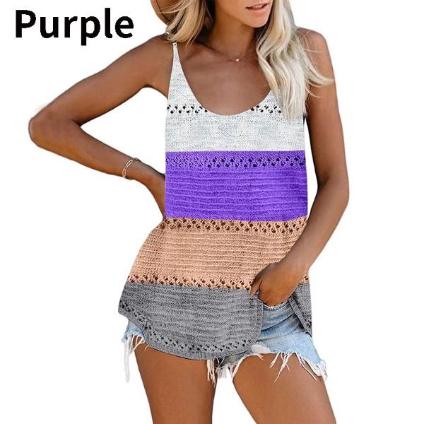 Fashion Women Summer O-Neck Knited Tank Tops Casual Loose Sleeveless Cami Color Block Blouse Shirts Beach Vest Tank Tops Plus Size