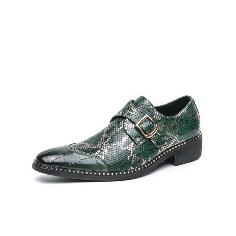 Cross-Border Plus Size Snake Print Leather Monk Strap Men's Shiny Pointed Toe Wedding Party Shoes