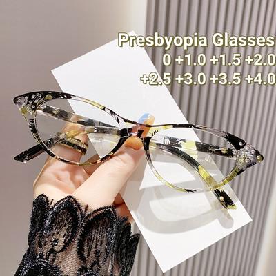 Ultra lekkie okulary do czytania typu kociego oka z diamentami, antyniebieskie, do nadwzroczności 0 do +4.0