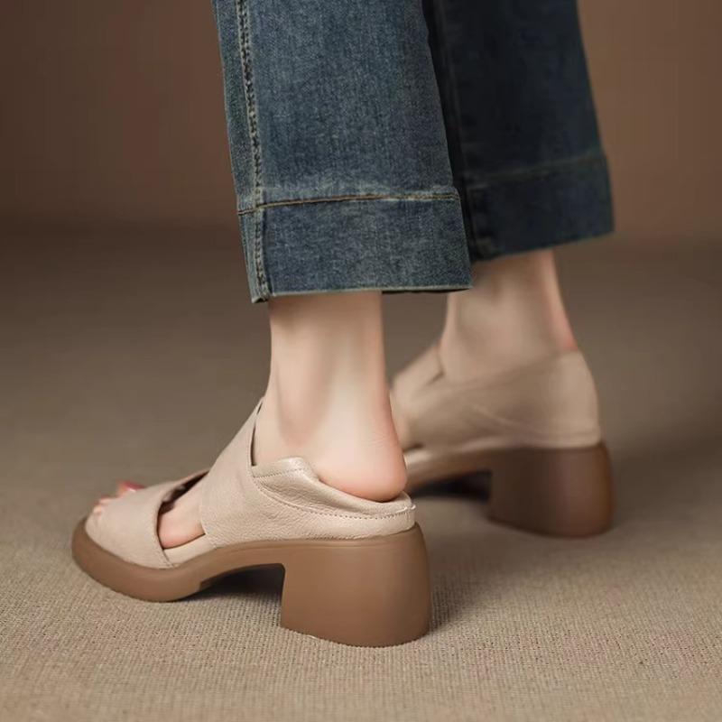 Soft Leather, Soft Sole, One-line Fish-mouth Shoes, Women's Thick-heeled High Heels