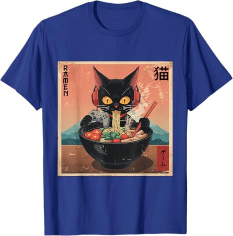 Cute Kawaii Gamer Cat Funny RaUnisex Retro Japanese Cat Gaming TShirt Y2k Kitty Controller Cartoon Graphic Tees Kitten Eat Noodles