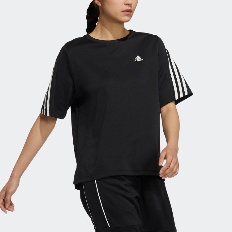 Adidas 24/7 Short Sleeve Tee Logo Print Striped Trim Ribbed Comfortable Crew Neck T-Shirt Women Tops Black H29488