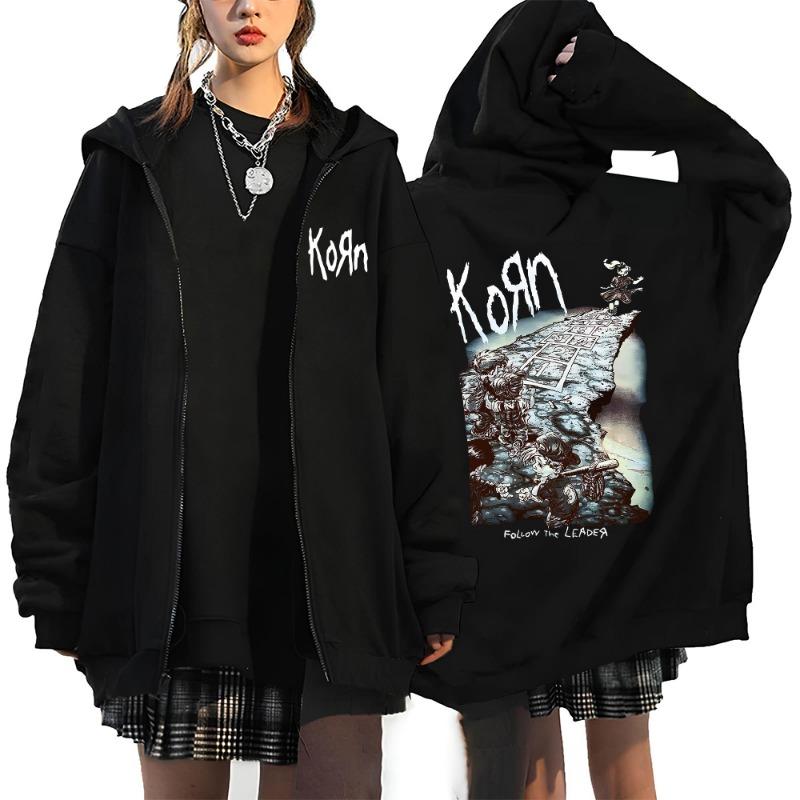 Korn Rock Band Letter Logo Zipper Hoodie Men's Metal Gothic Vintage Oversized Zip Up Hoodies Streetwear Punk Sweat Shirts Jacket
