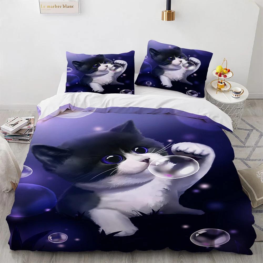 Watercolor Cat Duvet Cover King Queen Pet Kitty Bedding Set For Teens Adults Blue British Shorthair 2/3Pcs Polyester Quilt Cover