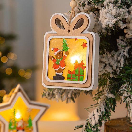 Yousheng Wooden Christmas Decor with LED Light 3D Carved Hanging Wood Star/Village House/Bell/Gift Box Ornament for Xmas Tree Decor
