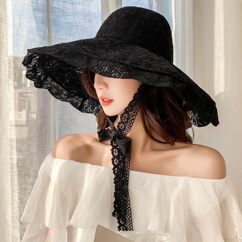 

HT3574 2025 New Fashion Women Summer Hat Ladies Solid Lace Wide Brim Sun Hat Bucket Cap Female Elegant Packable Panama Beach Hat 56-58CM чорний