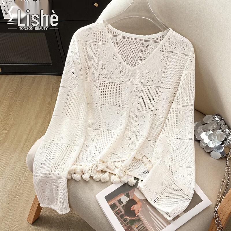 

Women s Hollow Tassel V-Neck Knitted Top M