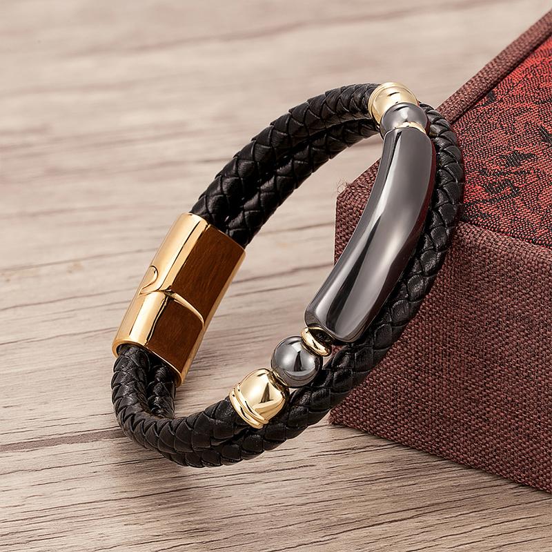 Minimalist Crystal Stone Bracelet Braided Leather Cord Stainless Steel Chain Waterproof Jewelry for Men Women Daily Use