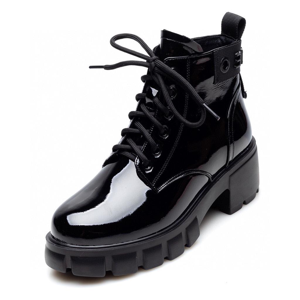Thick-soled Short Boots Women's Boots Autumn and Winter New Cow Patent Leather Waterproof Table Muffin and Lace-up Locomotive Boots