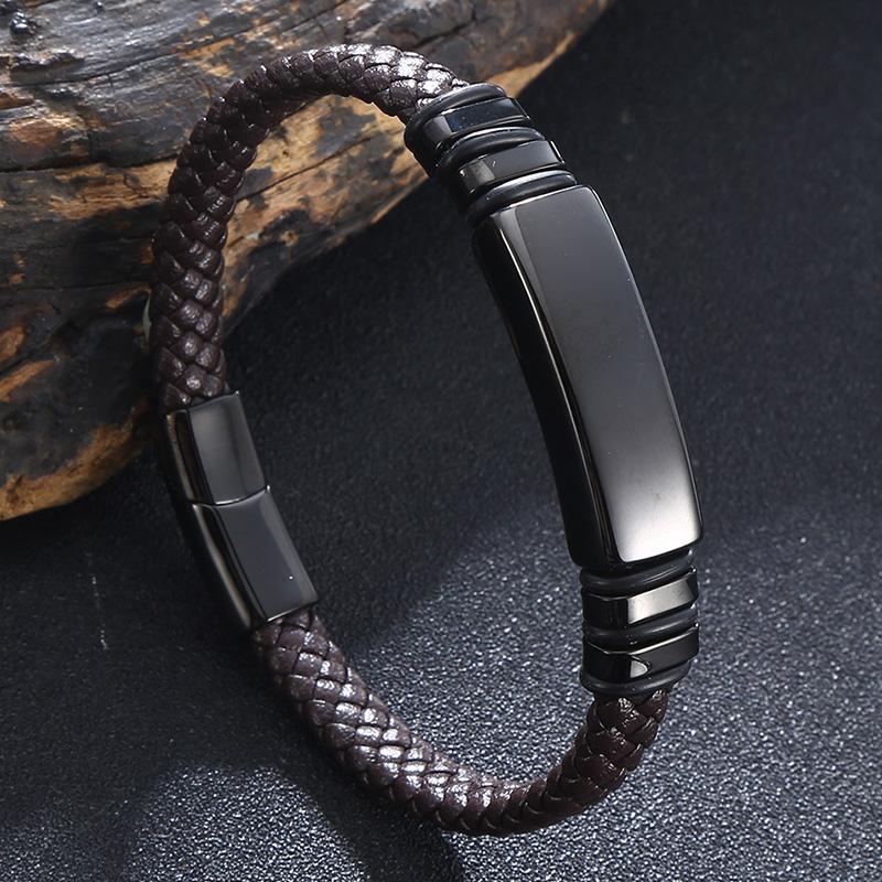 

Крутые мужские кожаные браслеты Роскошные аксессуары из нержавеющей стали Комбинированный плетеный браслет для мужчин Подарок на день рождения Оптом 23.5cm коричневый