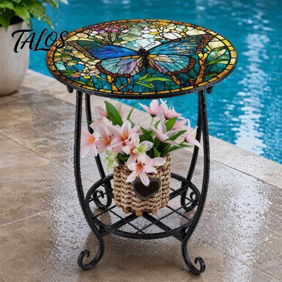 Mesa Lateral Externa Talos, Redonda Pequena Mosaico Pássaro Borboleta Acento de Pátio, Mesa de Apoio para Plantas Café Chá Interna para Quintal Varanda Jardim Sala de Estar, Quarto