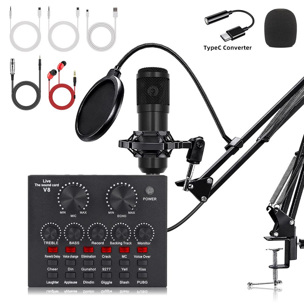 Custom Condenser Microphone & Sound Card Set for Podcasts, Live Broadcasts & Computer Use (v8)